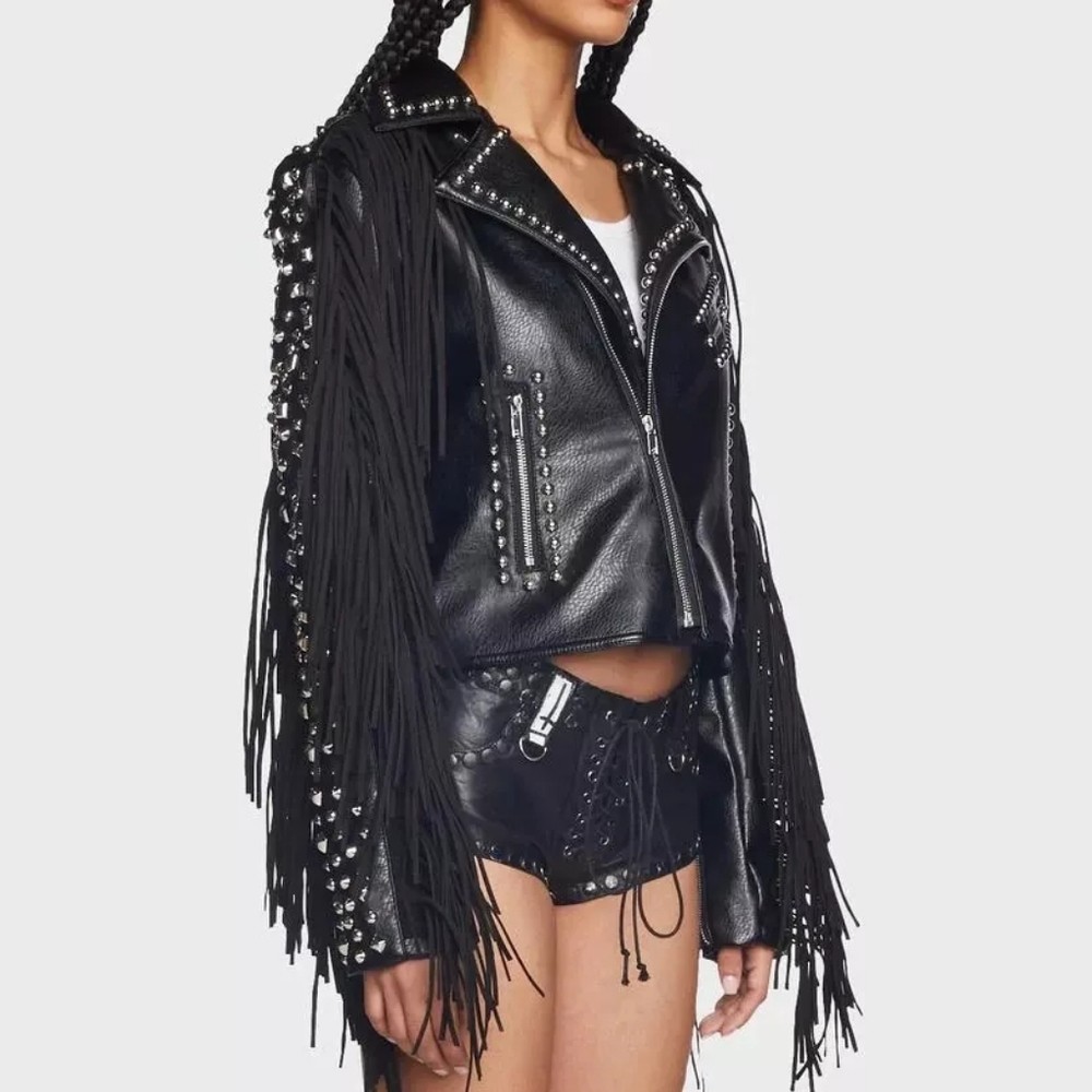 ~SOLD~ Dolls Kill Black Studded AZALEA WANG Ryder Fringe Faux Leather Jacket M - Picture 10 of 16